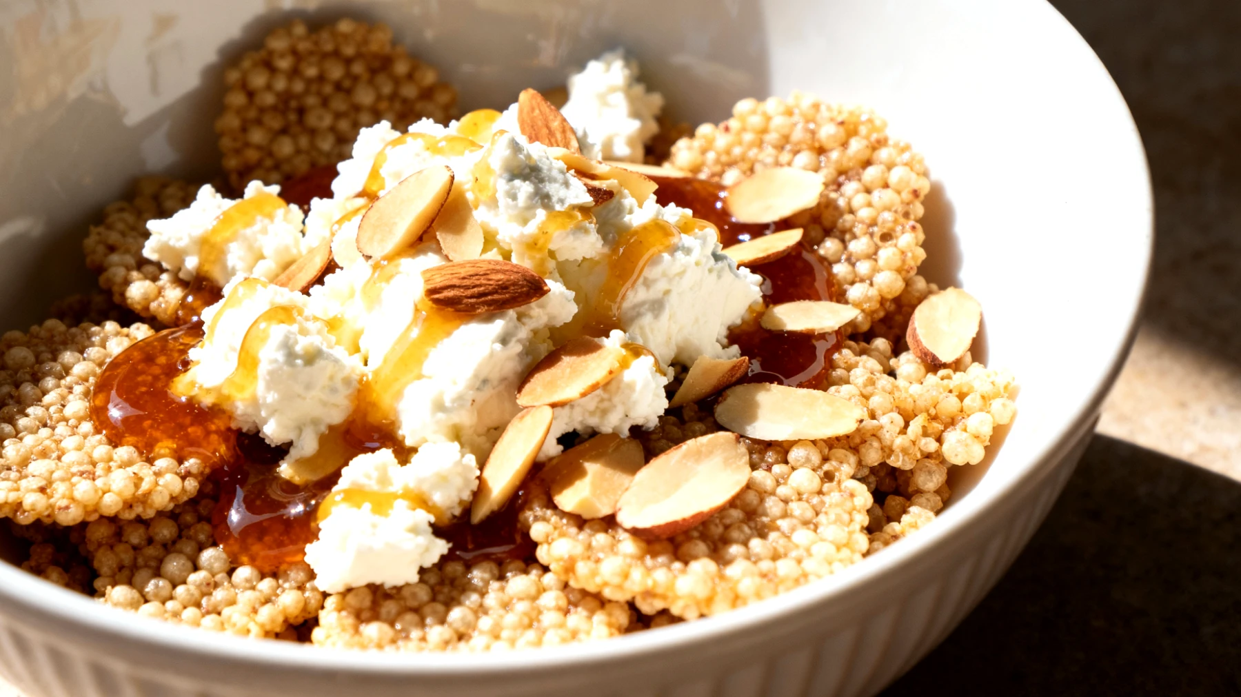 Amaranto soffiato con ricotta di capra, miele di castagno e mandorle"