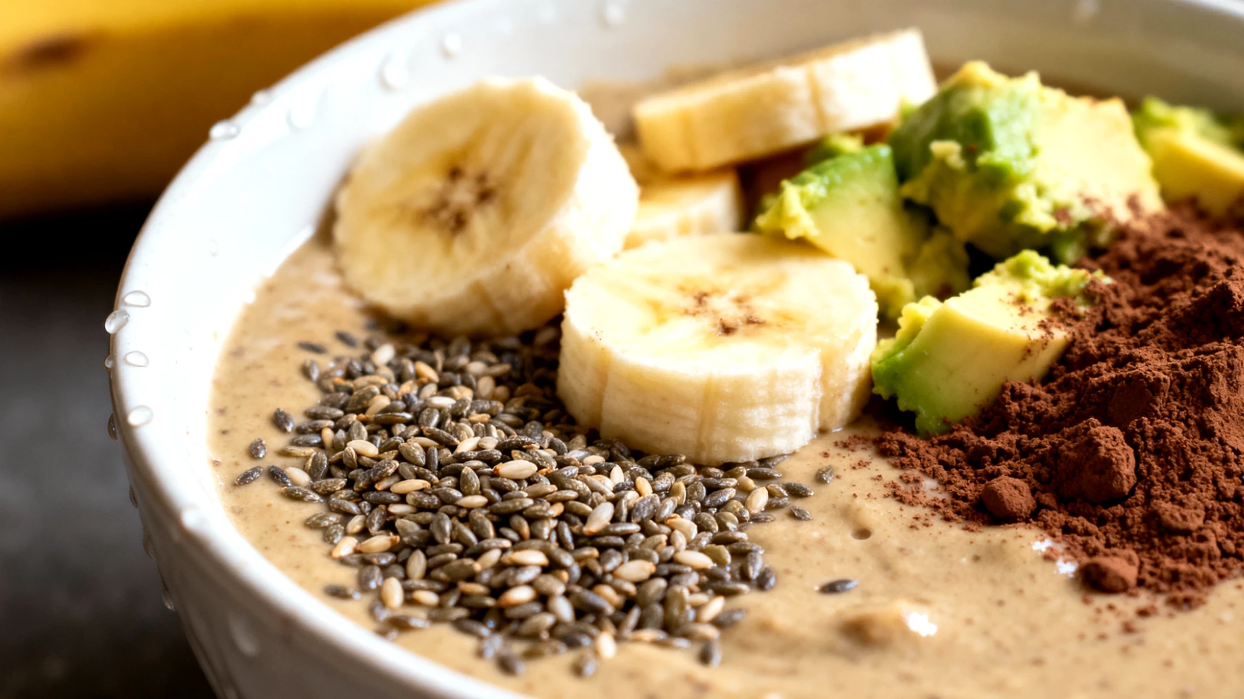 Smoothie bowl con semi di canapa, banana, avocado e cacao crudo"